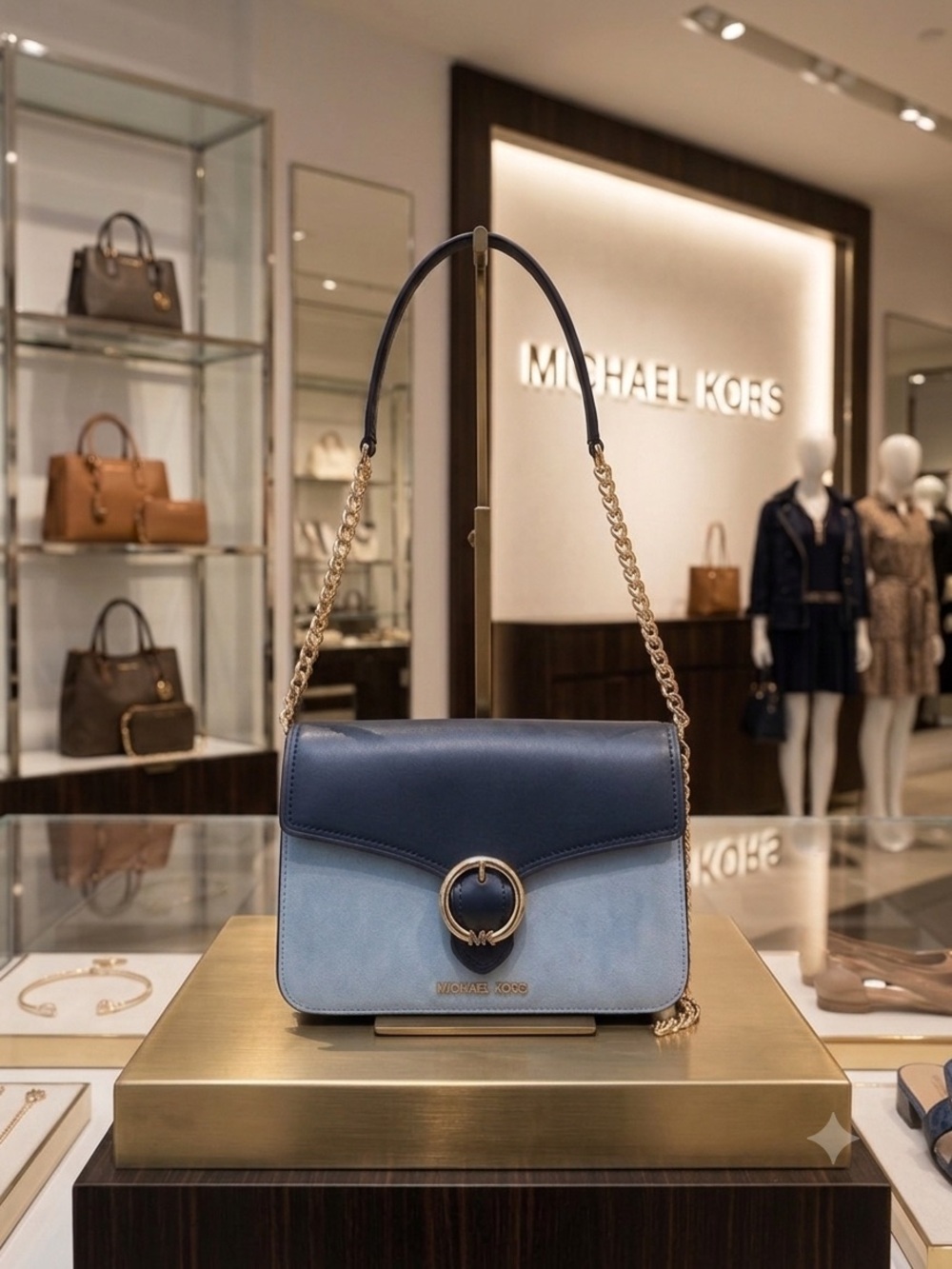 Michael Kors - Wanda Navy & Light Blue Suede Shoulder Bag with Gold Chain